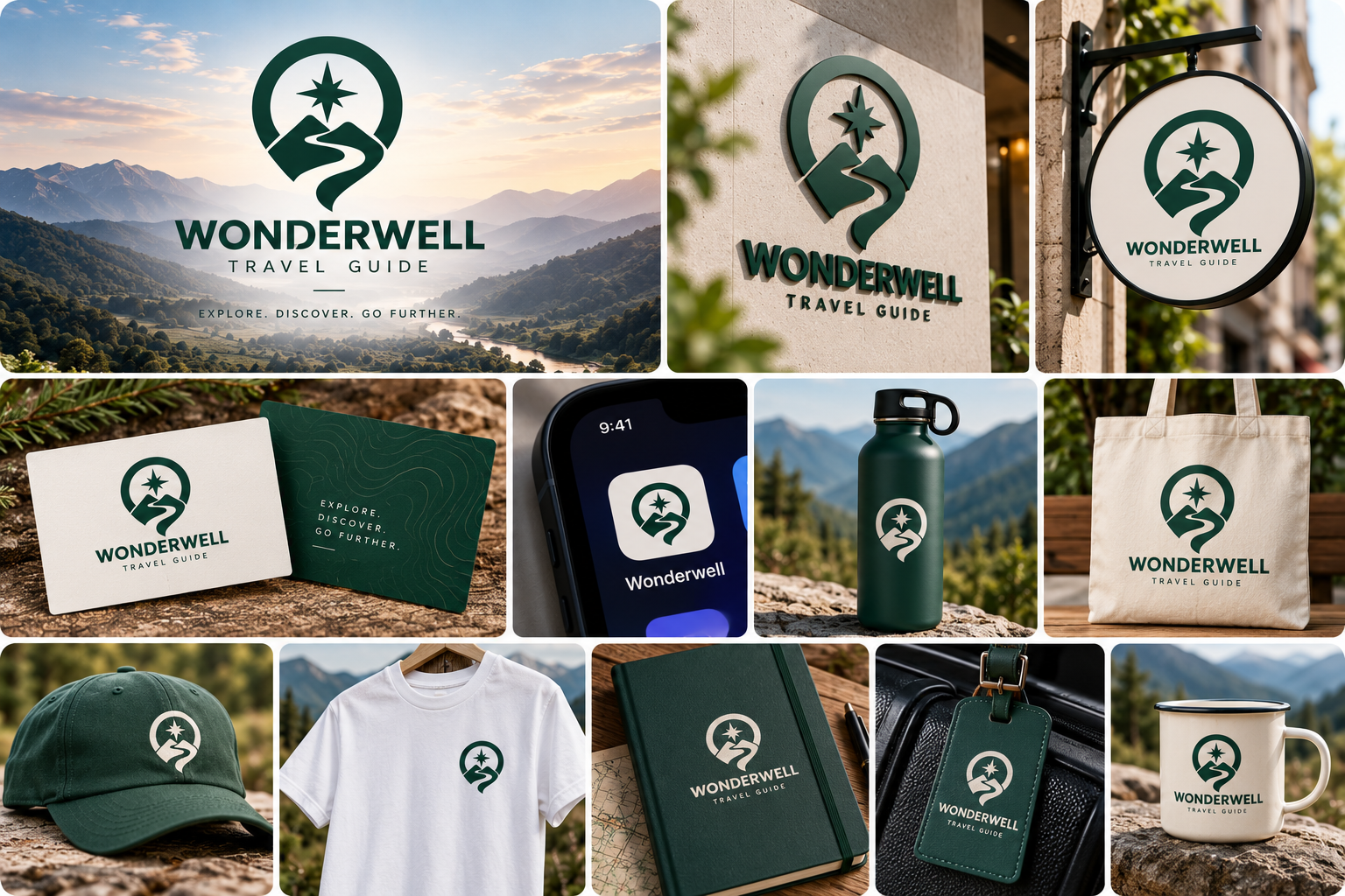 Wonderwell travel brand identity shown across a logo, signage, stationery, app icon, and merchandise